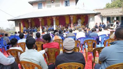 बालेनको घरमा माओवादीको जागरणसभा, प्रचण्डले भने- हामी मिलेर देश बनाउनुपर्छ